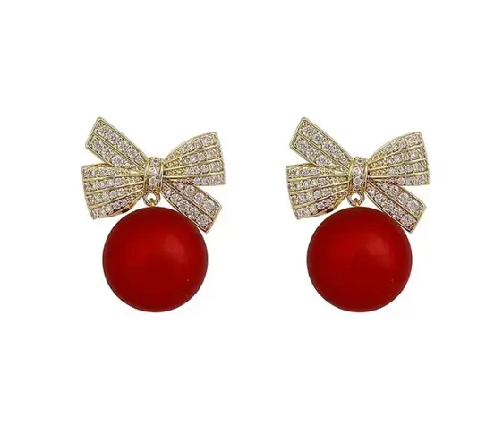 Bow Knot Round Faux Red Pearl Rhinestone Earrings