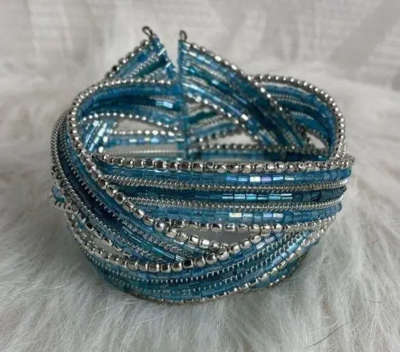 Twisted Silver Metal Glass Beads Memory Wire  Bead Band Cuff Bracelet (4)