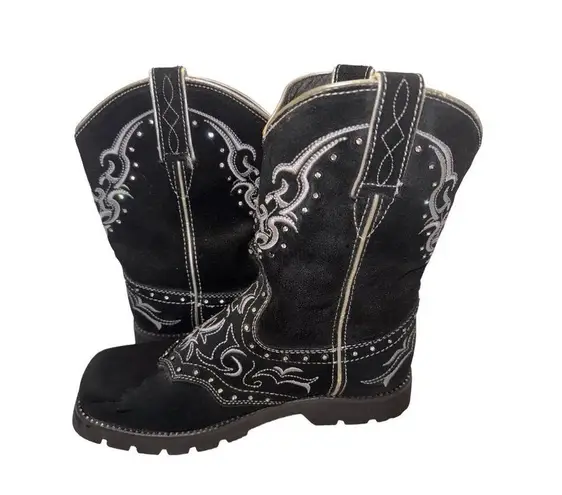 Justin  Western Cowgirl Boots Black Leather Rhinestones Embroidery 8B Square toe