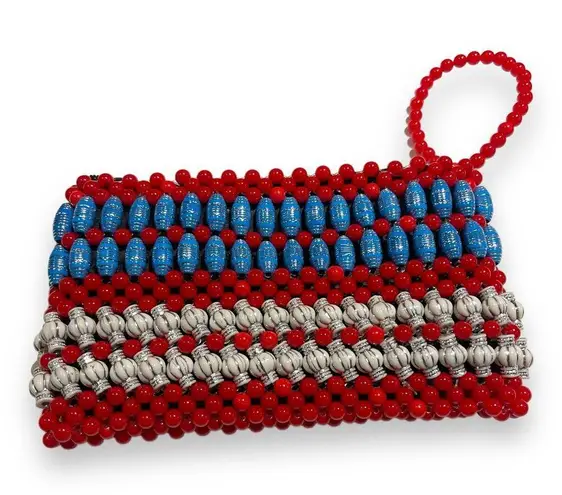 Red White Blue Silver Beaded Wristlet Clutch