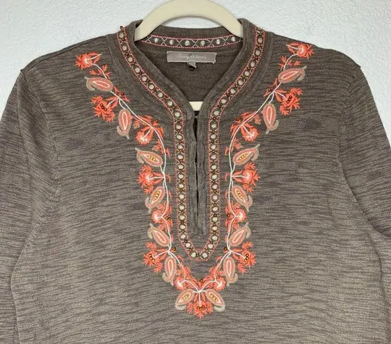 Tommy Bahama  Linen Blend Brown 3/4 Sleeve Embroidered Top