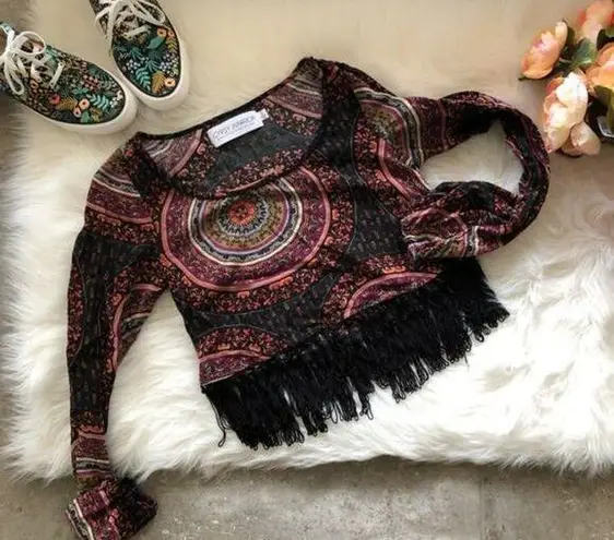 Gypsy Warrior Mob Wife  Fringe Boxy Crop Top Black Red