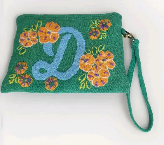 Jenny Krauss Embroidered Monogrammed Cursive D Zippered Pouch Green