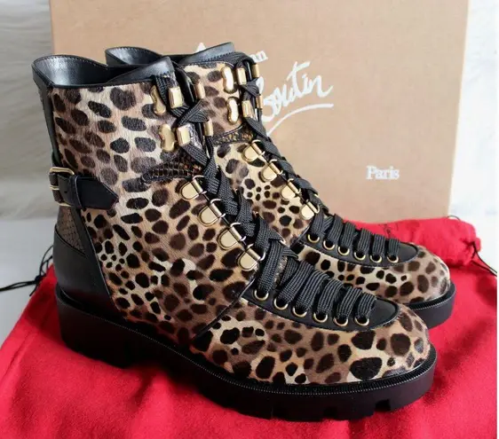 Christian Louboutin  Macademia Leopard-Print Calf Hair Snake Moto Combat Booties