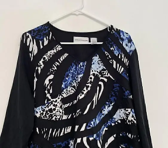 ALFRED DUNNER Black White Blue Cheetah Leopard Animal 3D Stripe 3/4 Sleeve Top L Size L