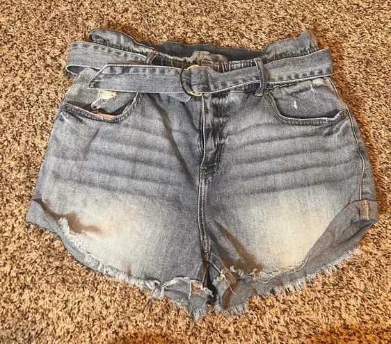 Eunina Denim Shorts High Rise Paperbag Waist Distressed Cuffed Hem S