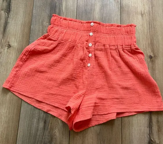Coral Gauze Fabric High Waisted Shorts | Faux Button Placket | EUC | Size M Pink Size M