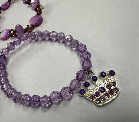 Assorted Stretch Bracelets 3 Piece Shades of Purple Dangle Charms Cross Crown