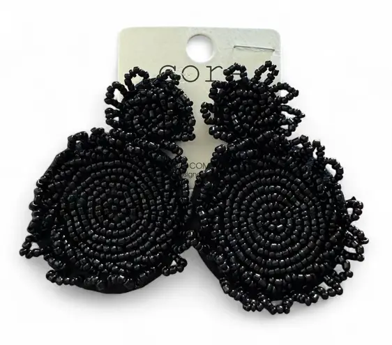Elegant Black Beaded Statement Drop Earrings, Round Bohemian Oversized Style