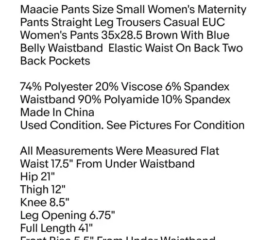 Maacie Maternity Maacie Pants Size Small Women's Maternity Pants Straight Leg Trousers Casual EUC