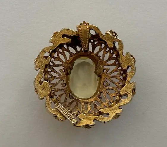 Florenza Glorious Vintage Pendant W Tiny Pearls & A Large Yellow Rhinestone