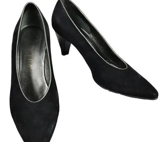 PETRA Black Pumps Suede Silver Leather Trim Cone Heels Almond Toe Italy 7.5 EUC