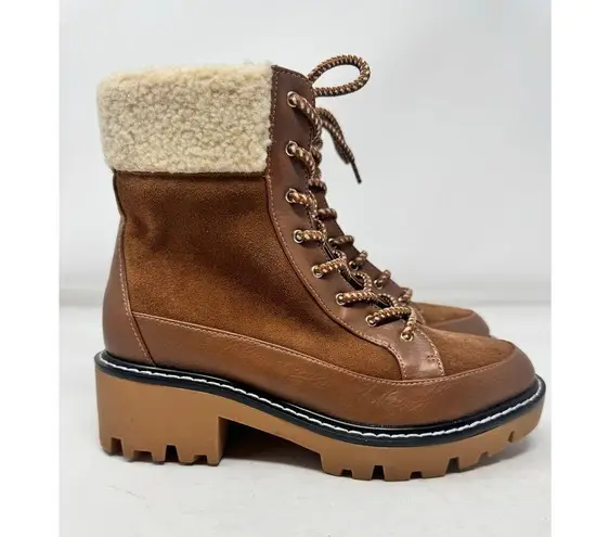 Violet and Red Alexa Brown Suede Fleece Trim Lug Combat Boots Size 6.5 NWOB