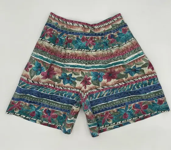 Vintage Shorts Floral Patterned Women Stripe Hawaiian Pleated Elastic Waist Lrg Green Size L