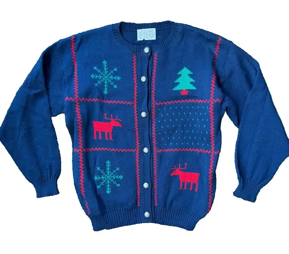 Pendleton Vintage Wool Holiday Sweater Cardigan Size M Navy Metal Buttons USA