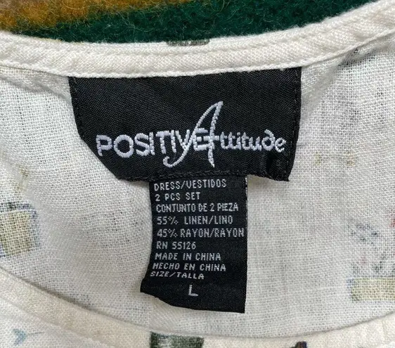 Vintage Linen garden print shift dress natural linen color sleeveless midi dress Size M