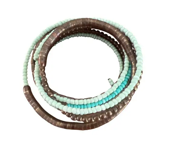 Memory Wire Cuff Bracelet Antique Brass Turquoise Color Boho Tribal Adj 7"