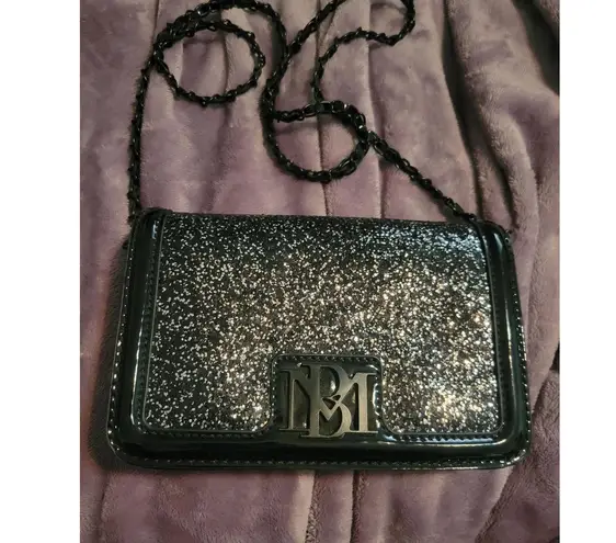 Badgley Mischka Black Glitter Evening Chain Bag Party Purse Clutch