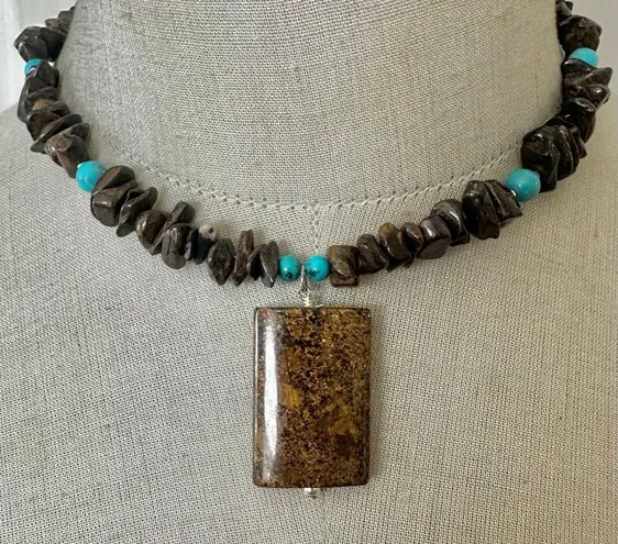 Sterling Silver Jasper & Turquoise Bead Necklace with Large Rectangular Pendant