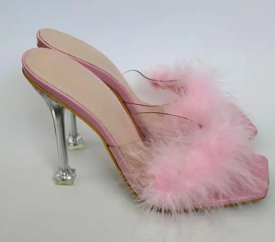 Pink Fluffy Feather PVC Stilletto Mule Heels Size 39