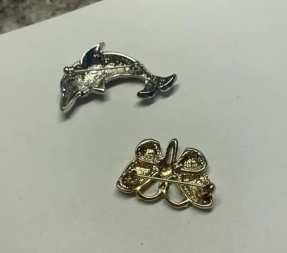 Lot Of 2 Costume Jewelry Brooch Pins Rhinestone Butterfly Insect / Dolphin