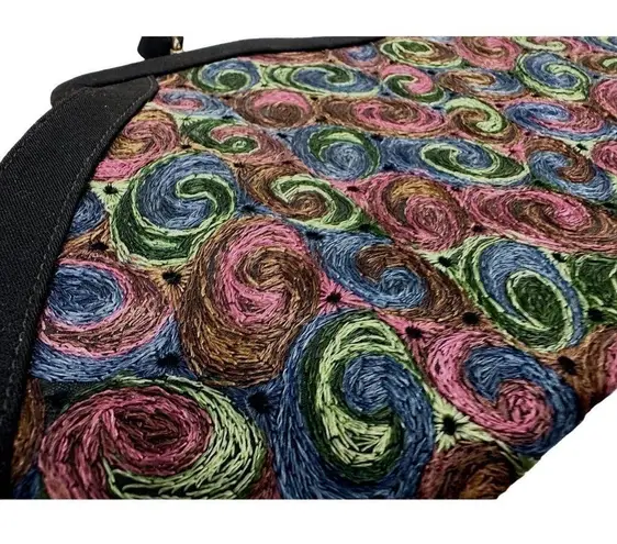 VTG Atomic 1950s "Pretty" Black Handbag w/ colorful Embroidered Swirls