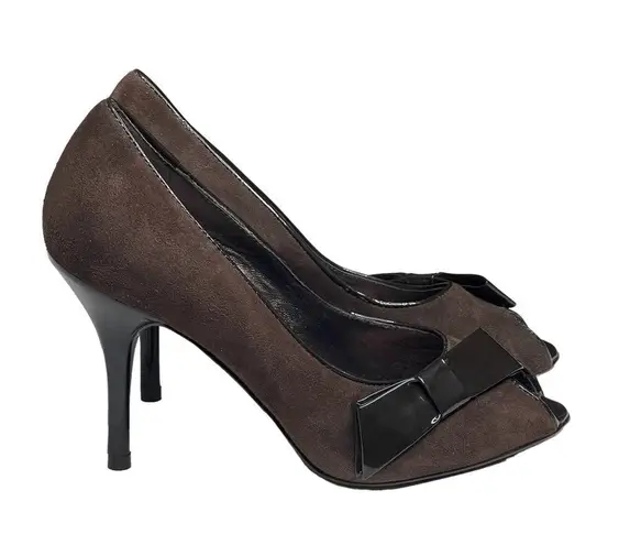 via spiga new β Peep Toe Stiletto Heels Pumps β Chocolate Suede + Patent Leather