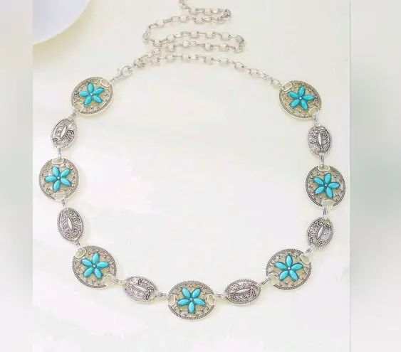 Turquoise Silver Color Vintage Carved Flower Style, Waist Chain Belt