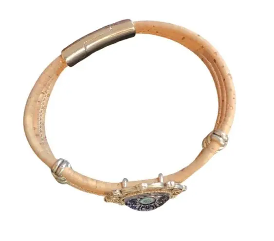 Boho Cork Bracelet Beige with Blue Medallion Accent Tan