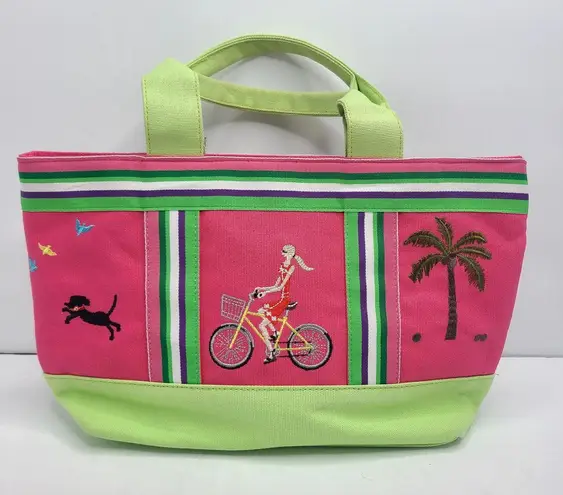 Tianni Beachy Handbag Pink Green Tote Bag Palm Trees Dog Girl On Bike Zip Top