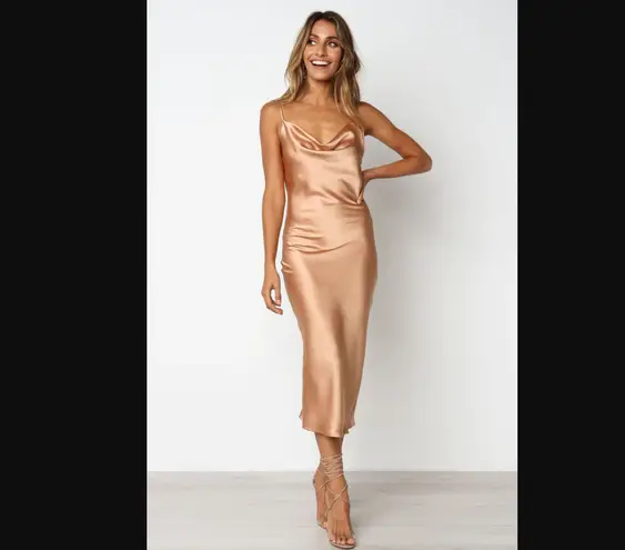 Petal and Pup Persia Gold Satin Midi Cowl Neck Slip Dress 8