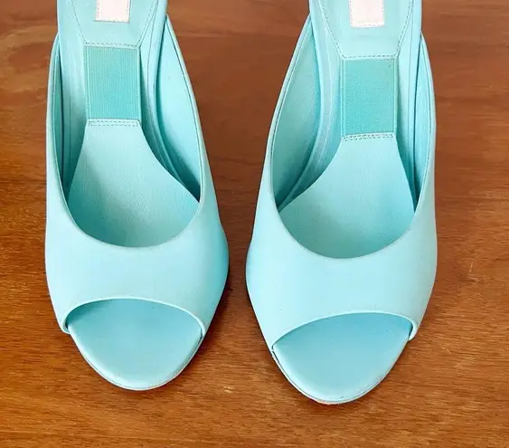 Moschino x Barbie • turquoise stiletto mules heels sandals peep toe