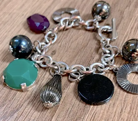 Chunky Vintage Costume Jewelry Silver Plate Lucite Faux Jade Charm NICE