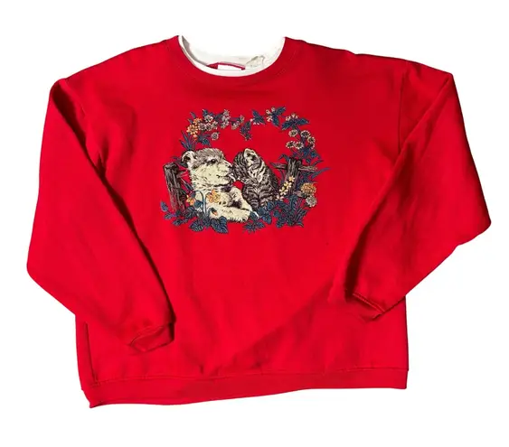 Vintage Debbie Brooks Red Sweatshirt crewneck Puppy Kitten Graphic Size L