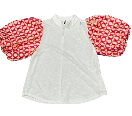 THML White Red Puff Sleeve Mock Neck Mixed Media Blouse Top Size Small