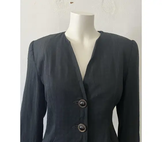 Petite Sophisticate Womens 6P Black Blazer Pinstripe Full Button Padded Shoulder