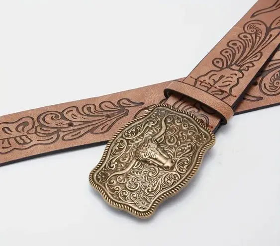 Western Bull Head Buckle Unisex‎ Belt Vintage Embossed Brown PU Leather Belt Size M