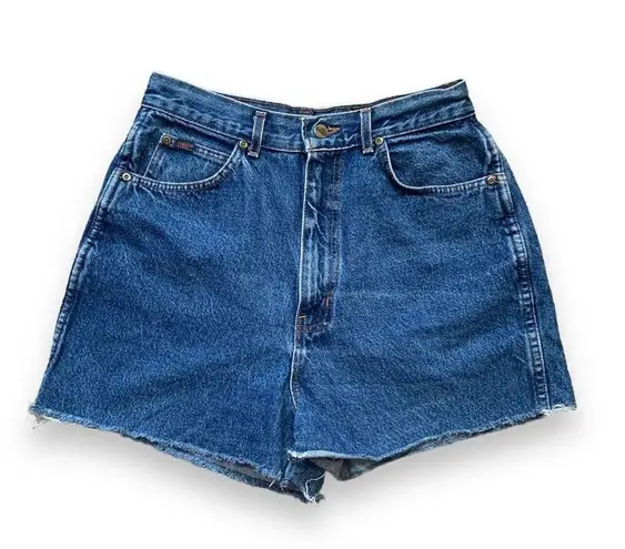 Vintage Chic Cutoff Jean Shorts Baggy Medium Wash High Waisted Mom Frayed Denim Blue Size 14