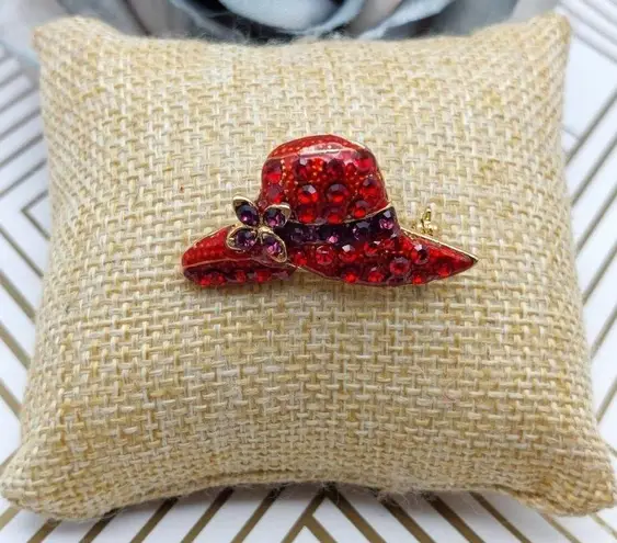 Brand New Red H'attitude Hat Brooch 18K Gold Layered Cut Crystals Red Purple