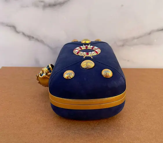 Alexander McQueen navy suede Nautical Crystal-embellished Skull Box Clutch