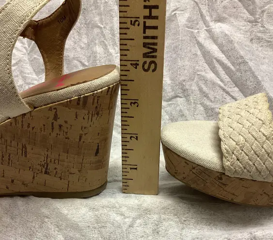 Jellypop Linen Cork Wedge High Heel Strap Sandals with Silver Buckles Size 10