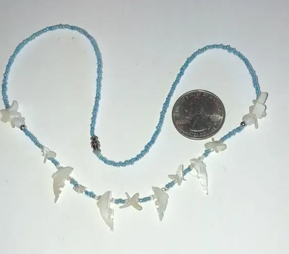 Vintage Blue  Seed Bead Beaded Carved Dolphin Shell Boho Necklace