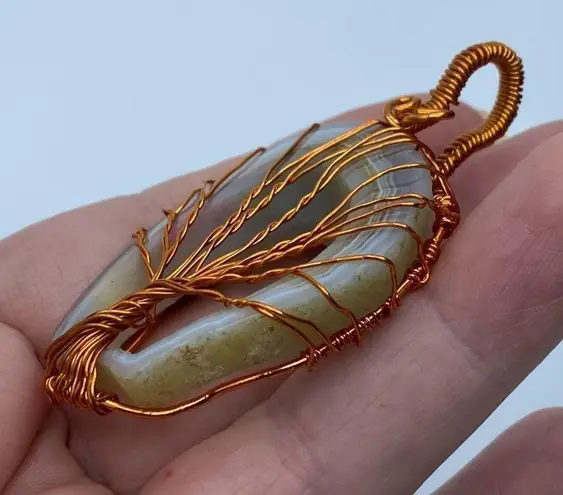 White Agate Druzy Tree Of Life Copper Wired Pendant