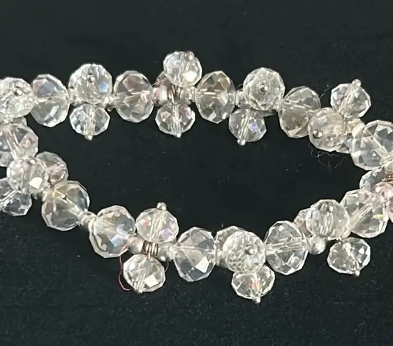 Chunky Statement Aurora Borealis Faceted Glass Crystal Bead Stretch Bracelet Silver