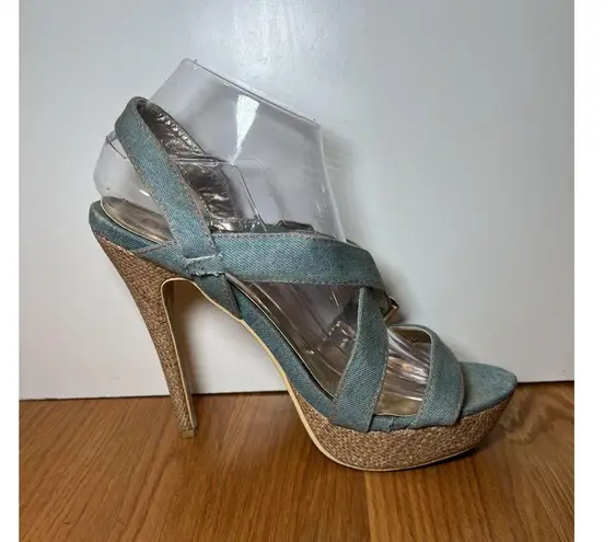 Heckik Shoes Womens Size 8.5 Blue Denim Cross Strap Platform High Heel Sandals