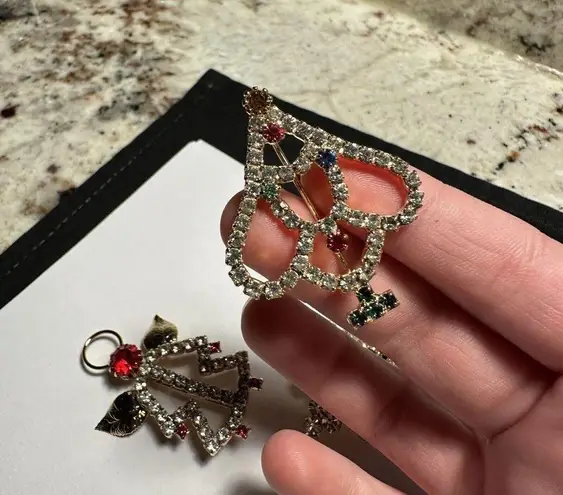 Lot Of 3 Prong Set Rhinestone Holiday Brooch Pins Christmas Tree & An Angel