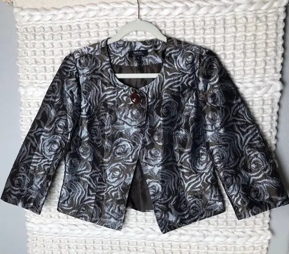 Tribal Womens Size 4 Brown Metallic 1 Button Open Front 3/4 Sleeve Jacket Blazer