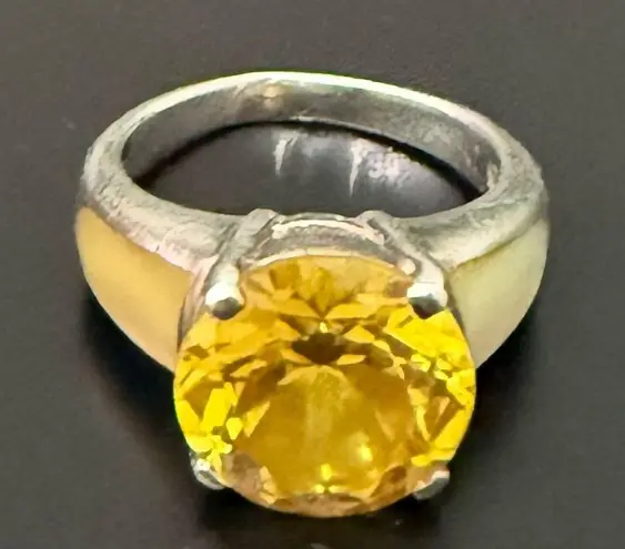 Vintage Sterling Silver 925 Citrine CZ Stone Mother Of Pearl Solitaire Ring Sz 7 Yellow
