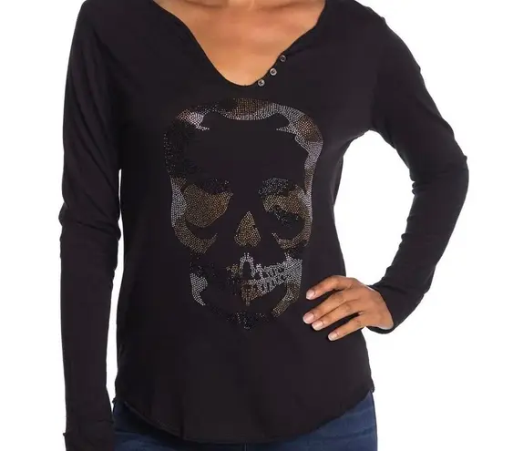 Zadig & Voltaire Women’s Tunisien Skull Strass Beaded Henley Black Cotton Top