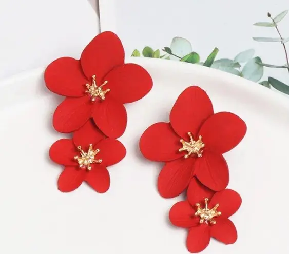 Red Women Boho Flower Earrings Fashion Statement, Drop Dangle Stud Earrings